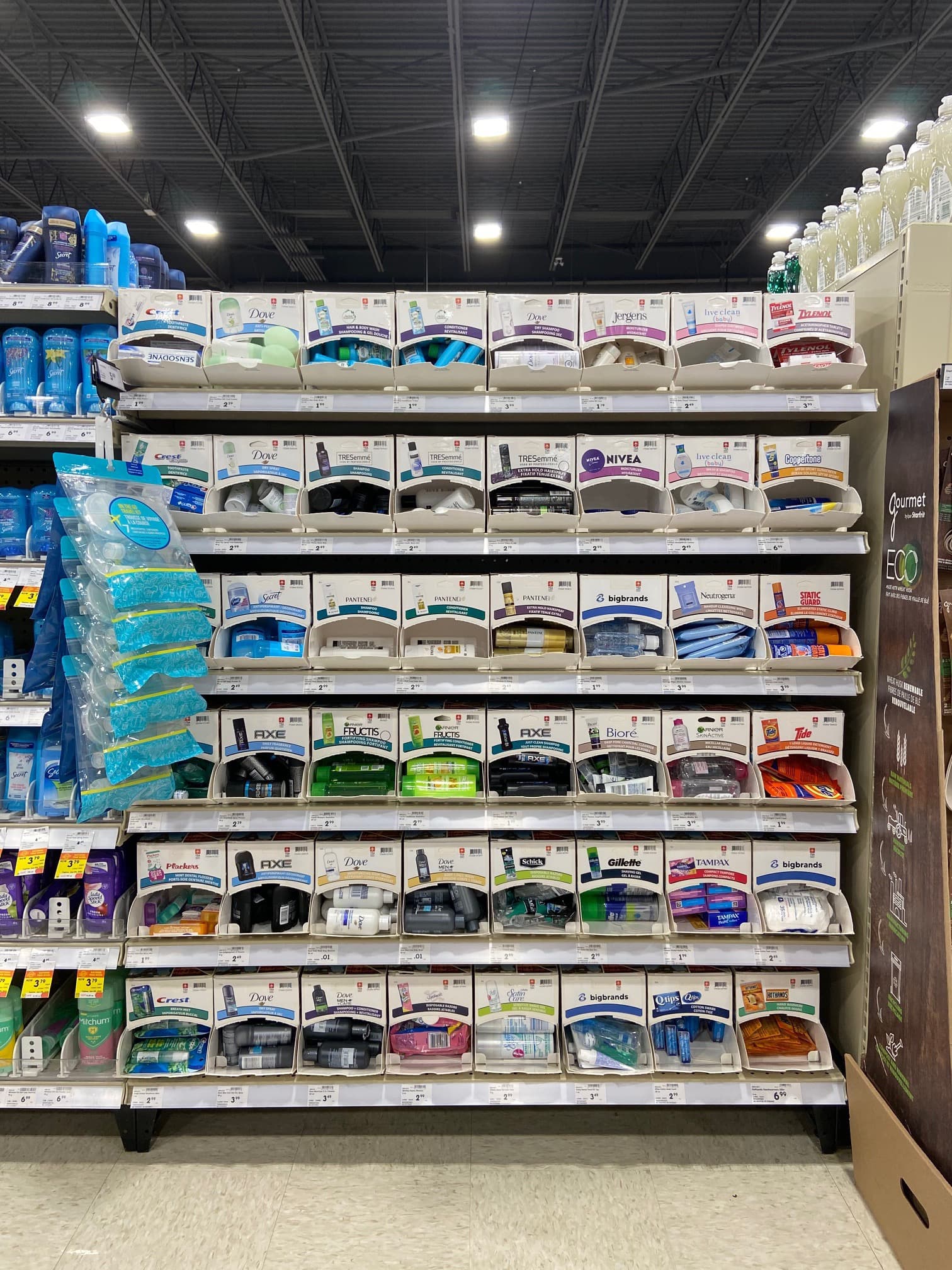 A real Gravity Pack trial & travel section set in a Canadian store.